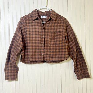 Hollister Women’s Brown Plaid Cropped Flannel Button-Up Shirt‎ | Size XS